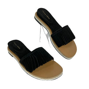 Pella Moda Sandals Womens Sz 8 Suede Leather Fringe Black Slides Flats NEW‎